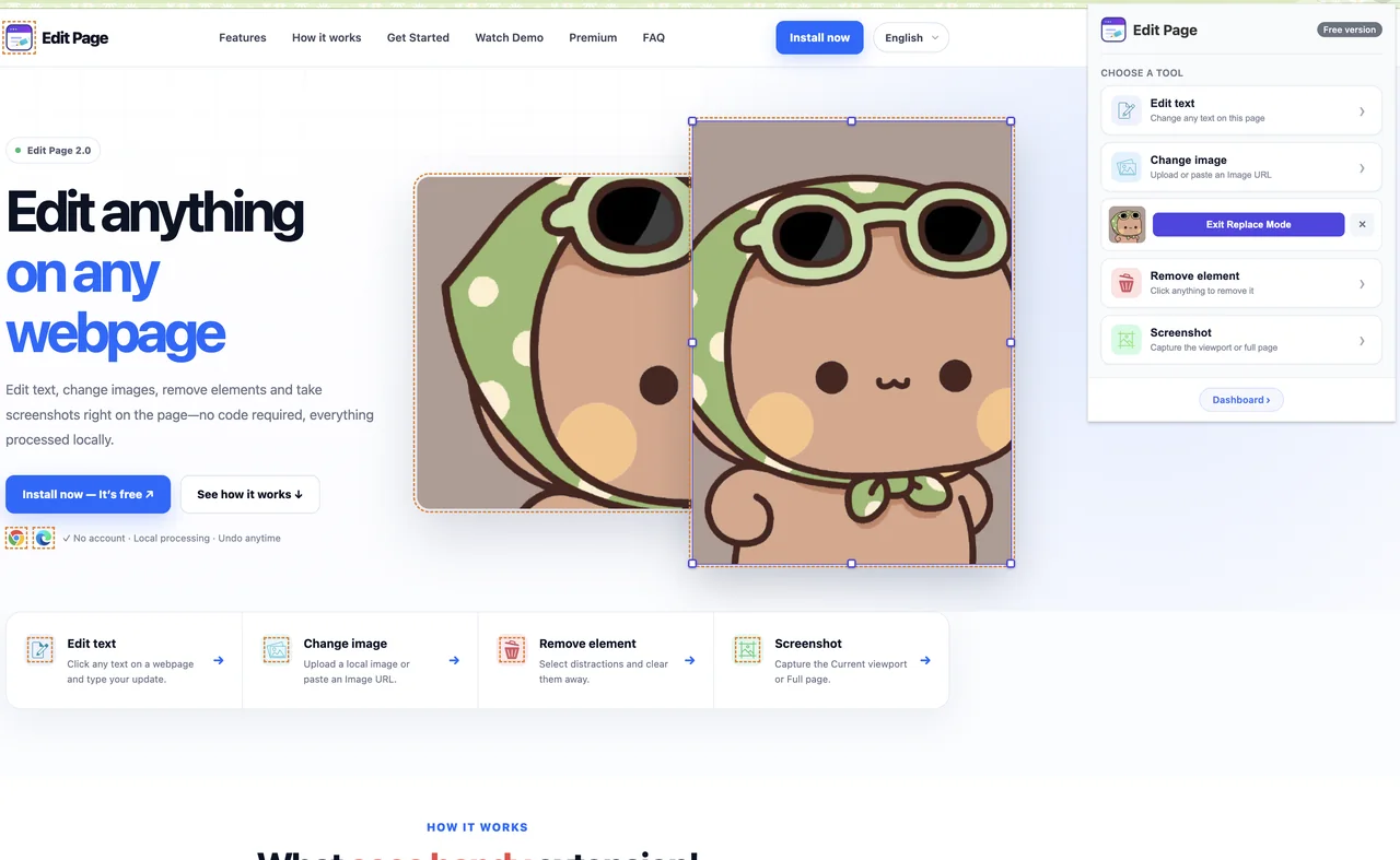 Edit Page replacing an image directly on a live webpage while Change image mode is active
