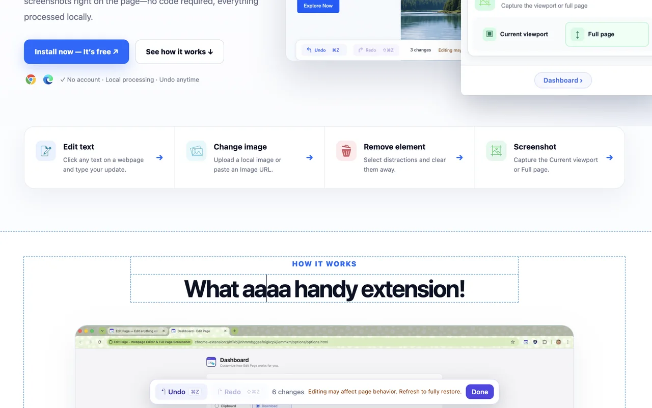 Edit Page editing webpage text in place with the Undo, Redo and Done history toolbar visible