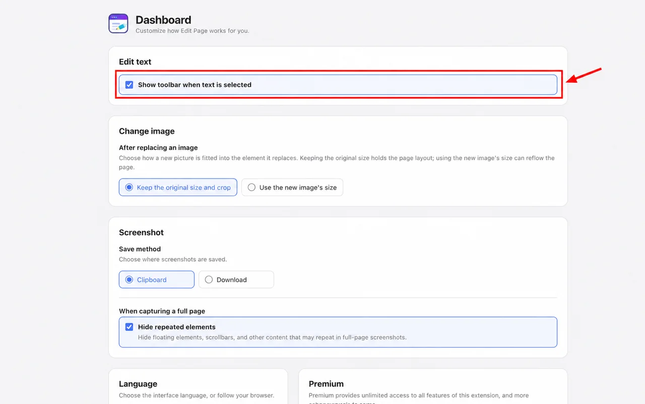Edit Page Settings showing the Show toolbar when text is selected switch and Text formatting allowance
