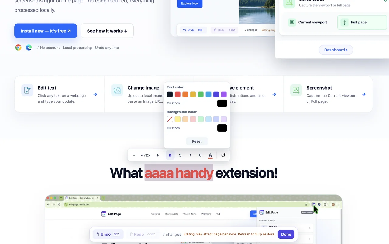 Text formatting toolbar above selected webpage text with font size, bold, strikethrough, italic, underline and color controls